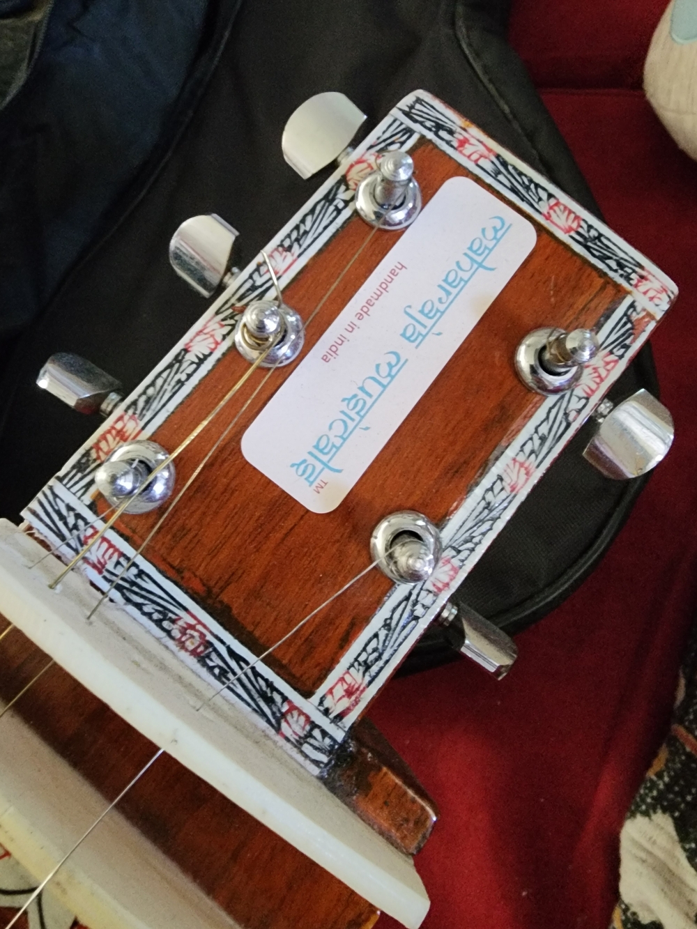 Handmade Electric Sitar Headstock - Brown Wood with White Trim